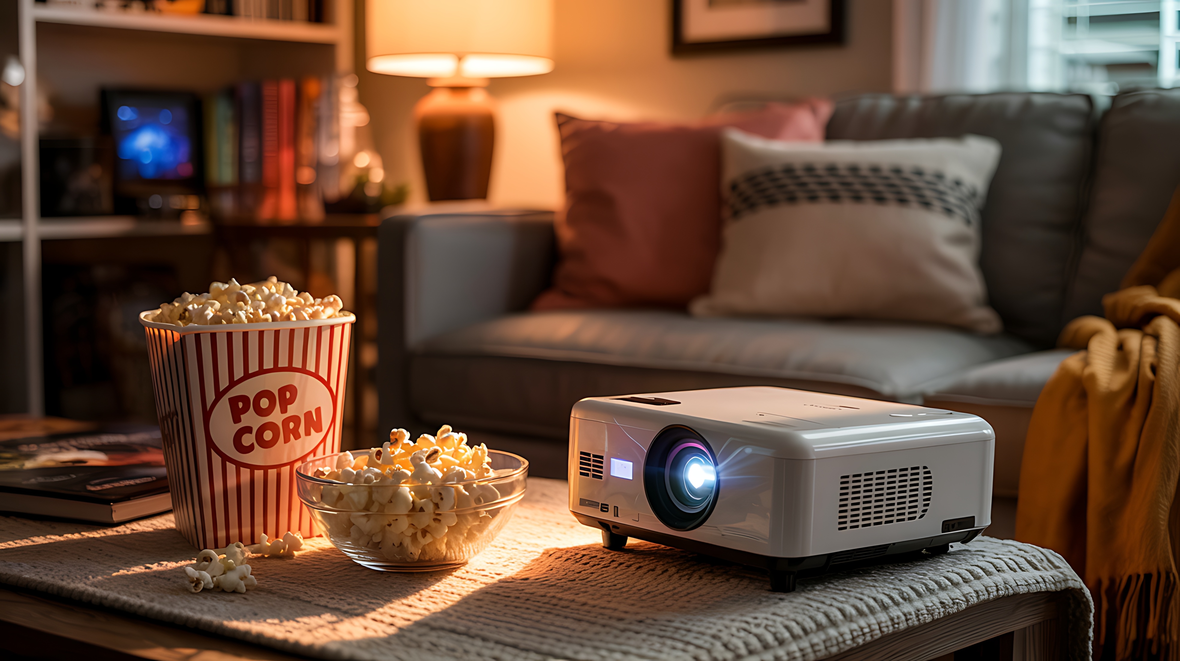Cozy home theater setup with a modern projector popcorn and comfortable sofa creating a perfect movie night experience indoors